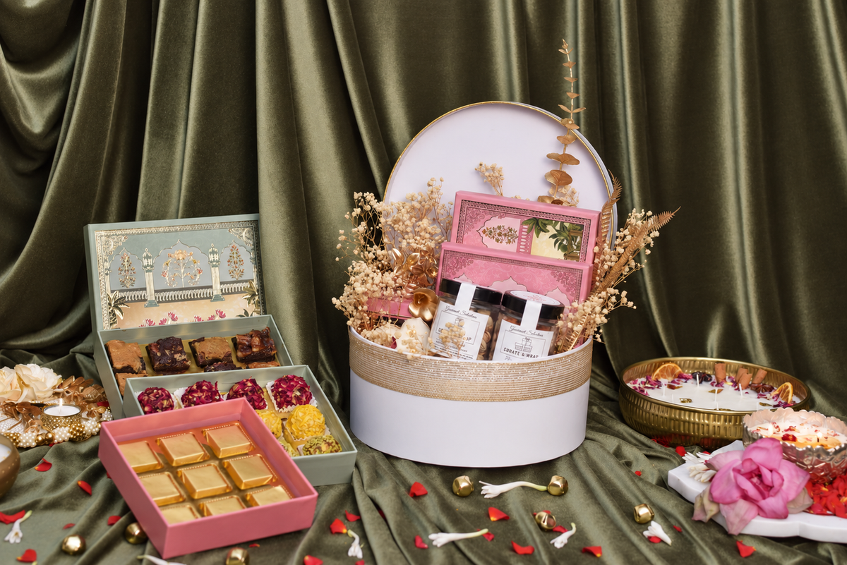 The Festive Atelier luxury Diwali hamper with gourmet nuts mithai and tea in Dubai