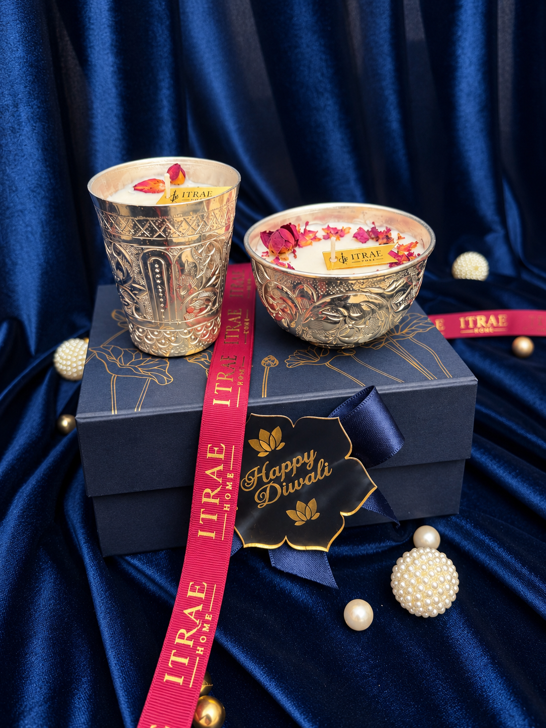 Itrae Home Silver Nakashi gift box with engraved silver metal bowl candle, matching metal glass, matchbox and gold satin lining