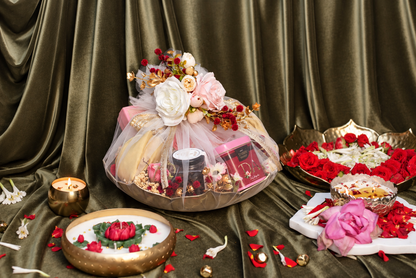 Noor Metal Urli luxury Diwali hamper with gourmet nuts mithai tea and Lotus Diyas