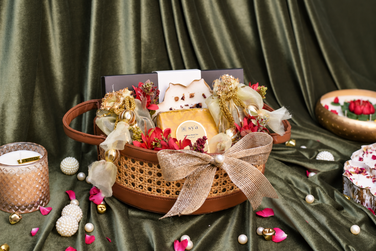 Vintage vegan leather rattan Diwali gift basket with gourmet treats