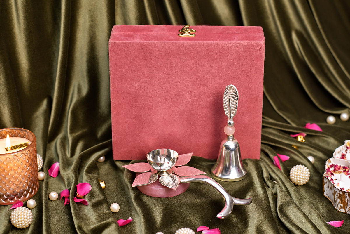 Padma Jyot – German Silver Lotus Diya & Bell Gift Set