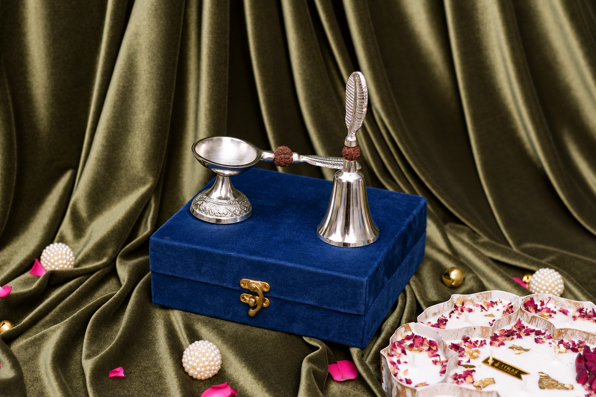 Luxury German Silver pooja gift set in royal blue velvet box