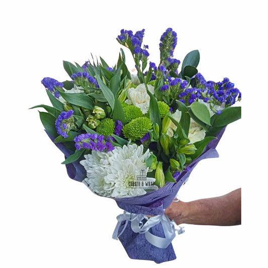 Elegant hand bouquet with limonium, white chrysanthemums – Curate and Wrap UAE