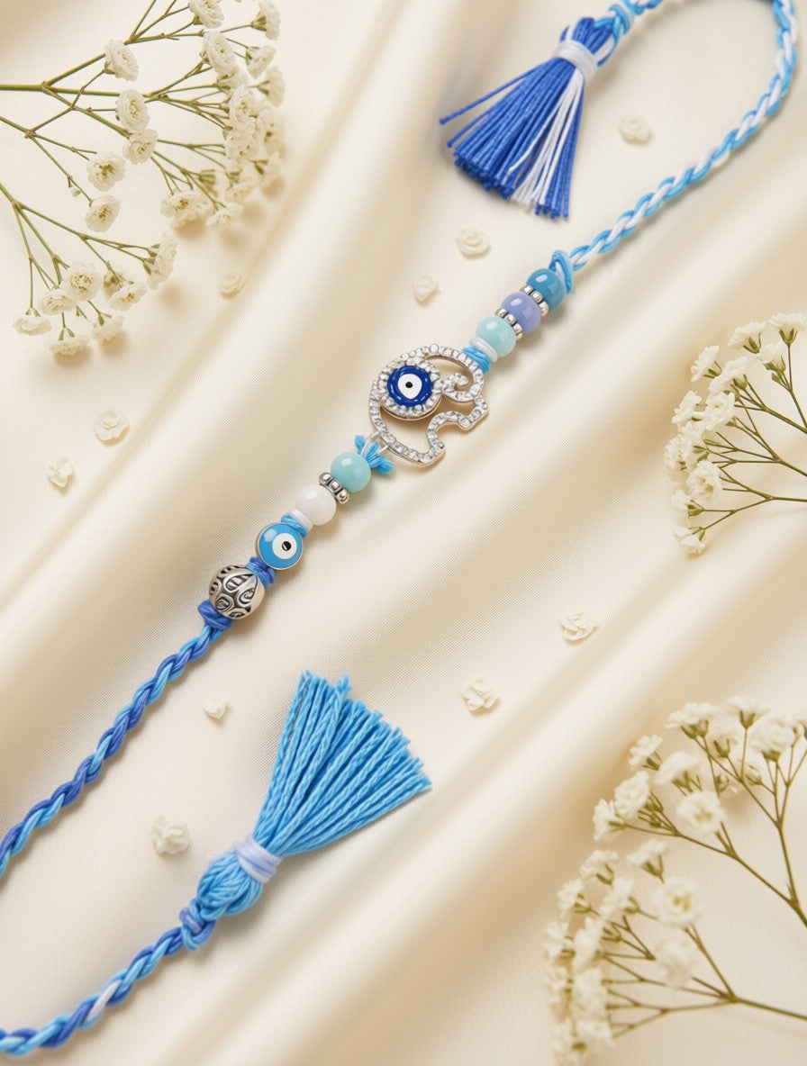 A blue and white braided Rakhi with evil eye beads and tassels, styled on a cream satin fabric with baby's breath flowers.