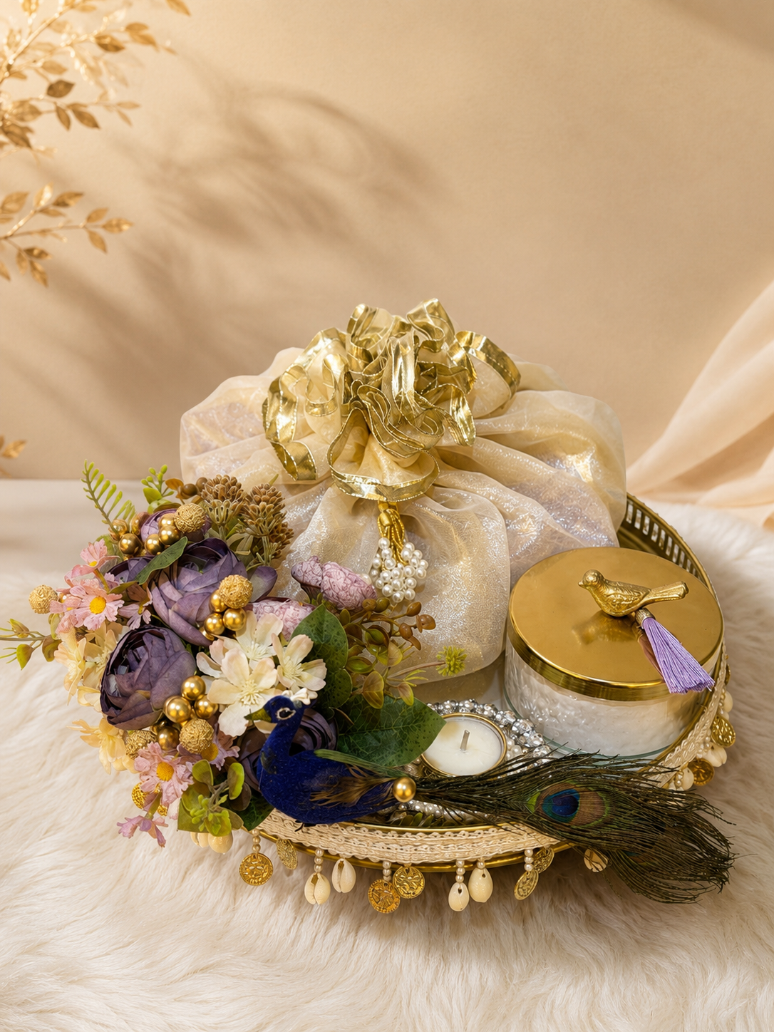 Royal Peacock Luxe Hamper with floral arrangement and gold festive decor | Curate & Wrap Dubai