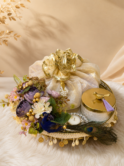 Royal Peacock Luxe Hamper with floral arrangement and gold festive decor | Curate & Wrap Dubai