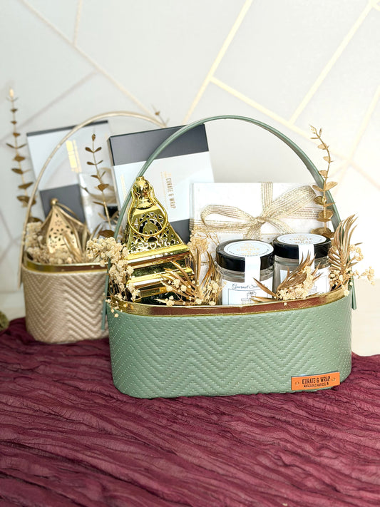 Festive Aura Basket (Olive Green & Golden) | Luxury Ramadan & Eid Gift Basket in Dubai