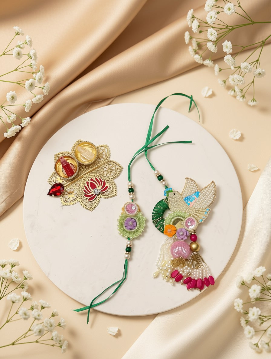 Two decorative Rakhi thread ornaments displayed on a round white plate, surrounded by beige satin fabric and small white flowers. One Rakhi is gold-toned with red and yellow embellishments, and the other is multicolored with green, pink, purple, and blue details.