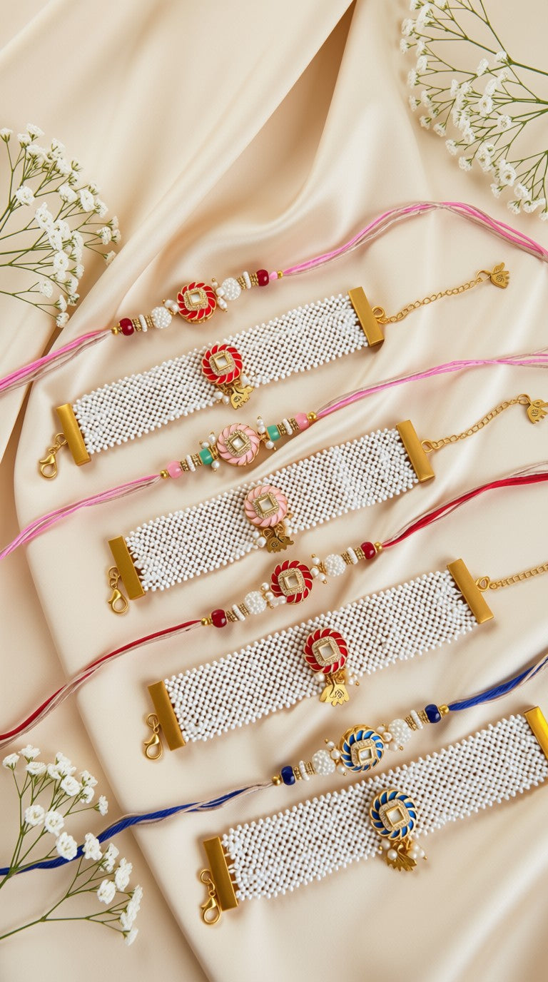 Five beaded Rakhi wristbands arranged diagonally on a beige satin fabric background with baby's breath flowers. The Rakhis feature white pearl-like beads, gold-toned borders, and colorful decorative elements including red, pink, green, blue, and gold motifs.