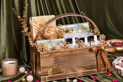Premium metallic festive gift basket with mithai chocolates and soy wax candles