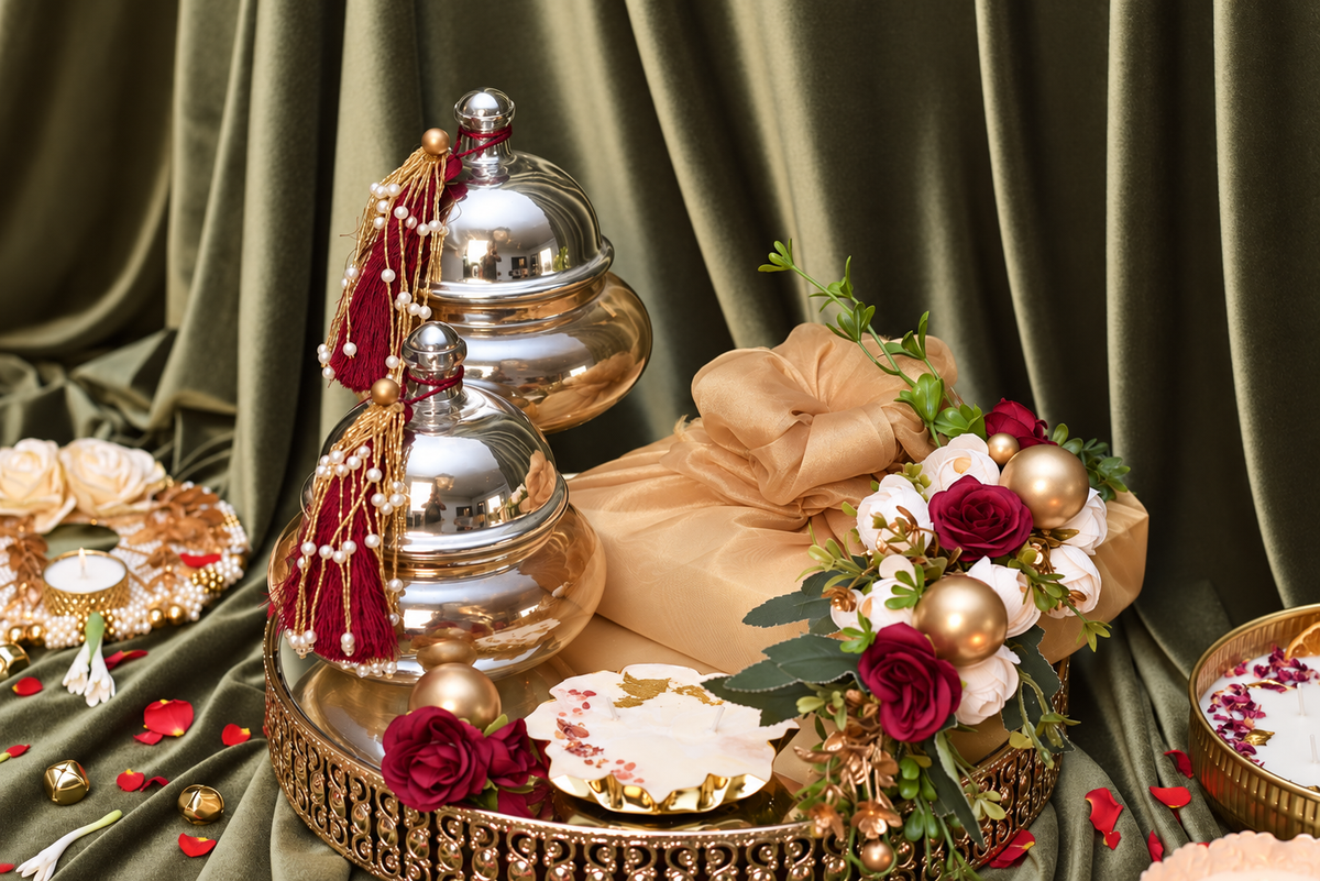 Grandeur Tray luxury Diwali hamper with glass nut jars, candle and festive treats