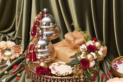 Grandeur Tray luxury Diwali hamper with glass nut jars, candle and festive treats