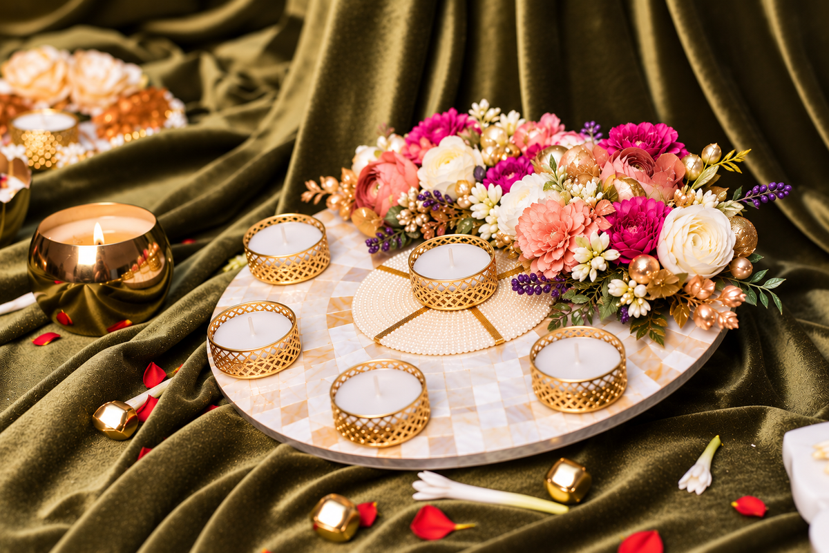 Luxury MOP Diwali table rangoli with flowers and gold tea light holders