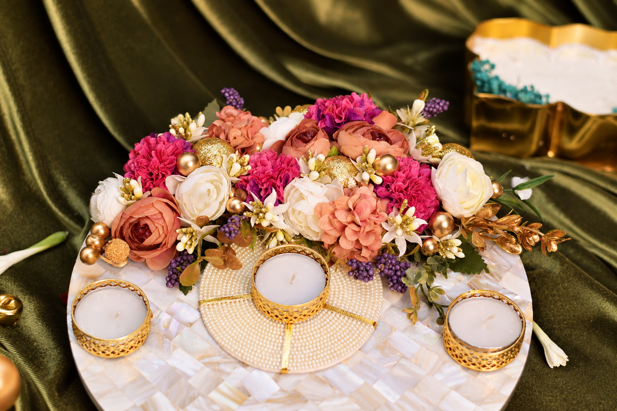 Floral Diwali table centrepiece with Mother of Pearl base and tea lights