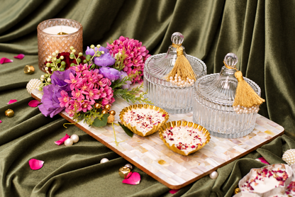 Moti Mahal Mother of Pearl Diwali gift platter with gourmet nuts and candle diyas
