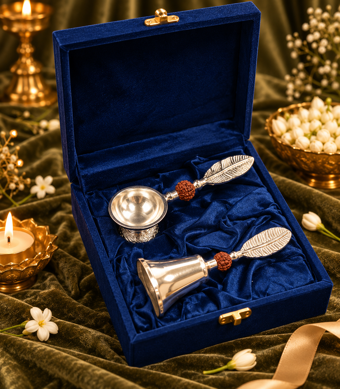 Rudraksha Aarti German Silver bell and diya gift set for Diwali