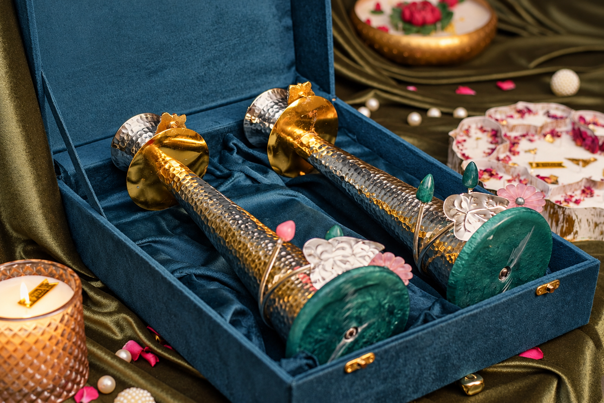The Floral Symphony – German Silver Candle Stand Set of 2 in Suede / Velvet Box