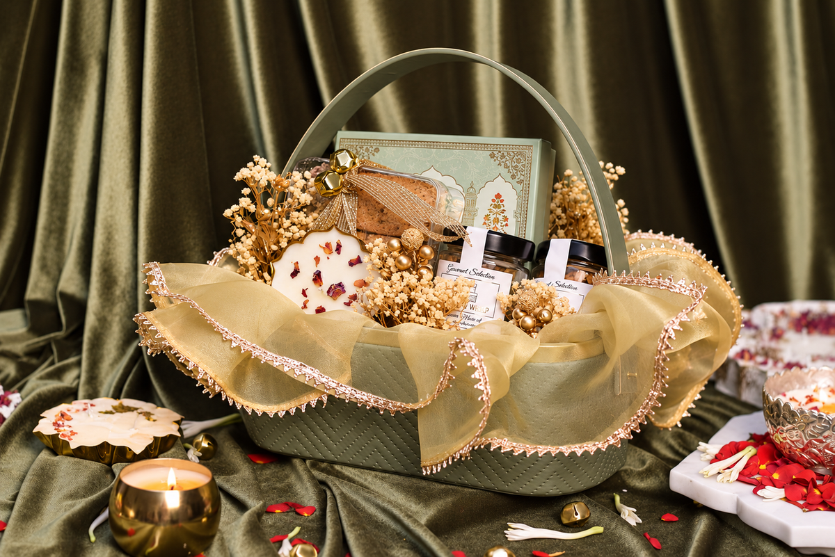Festive Aura gift basket with Indian sweets gourmet nuts and scented soy wax candle