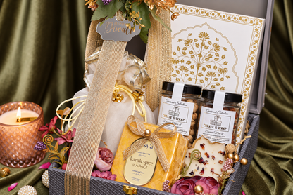Premium charcoal grey leatherette gift box with gourmet nuts tea and chocolates