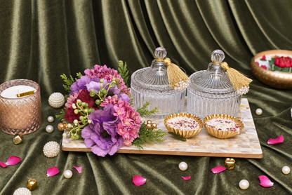 Luxury MOP gift tray with two decorative glass jars and soy wax candles