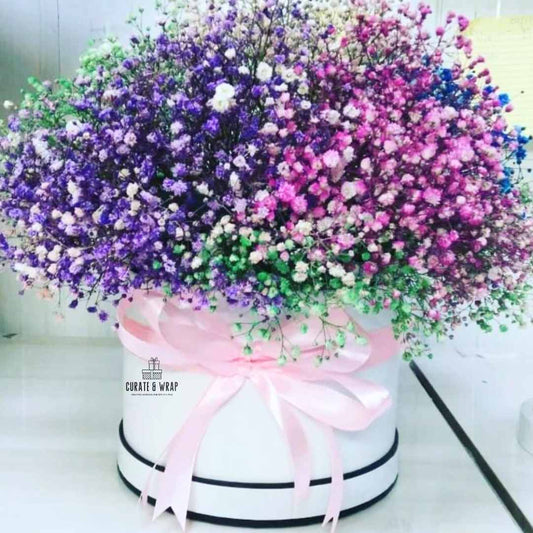 Mixed gypsophila in luxury round box – Whispers of Joy by Curate and Wrap