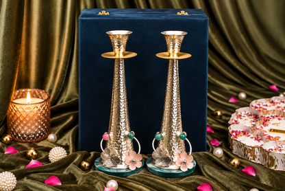 The Floral Symphony – German Silver Candle Stand Set of 2 in Suede / Velvet Box