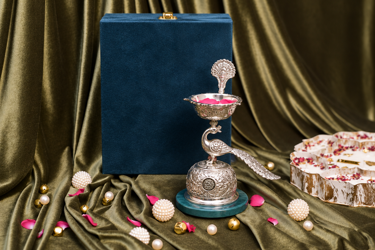 Mayur Jyoti – German Silver Peacock Samay Diya