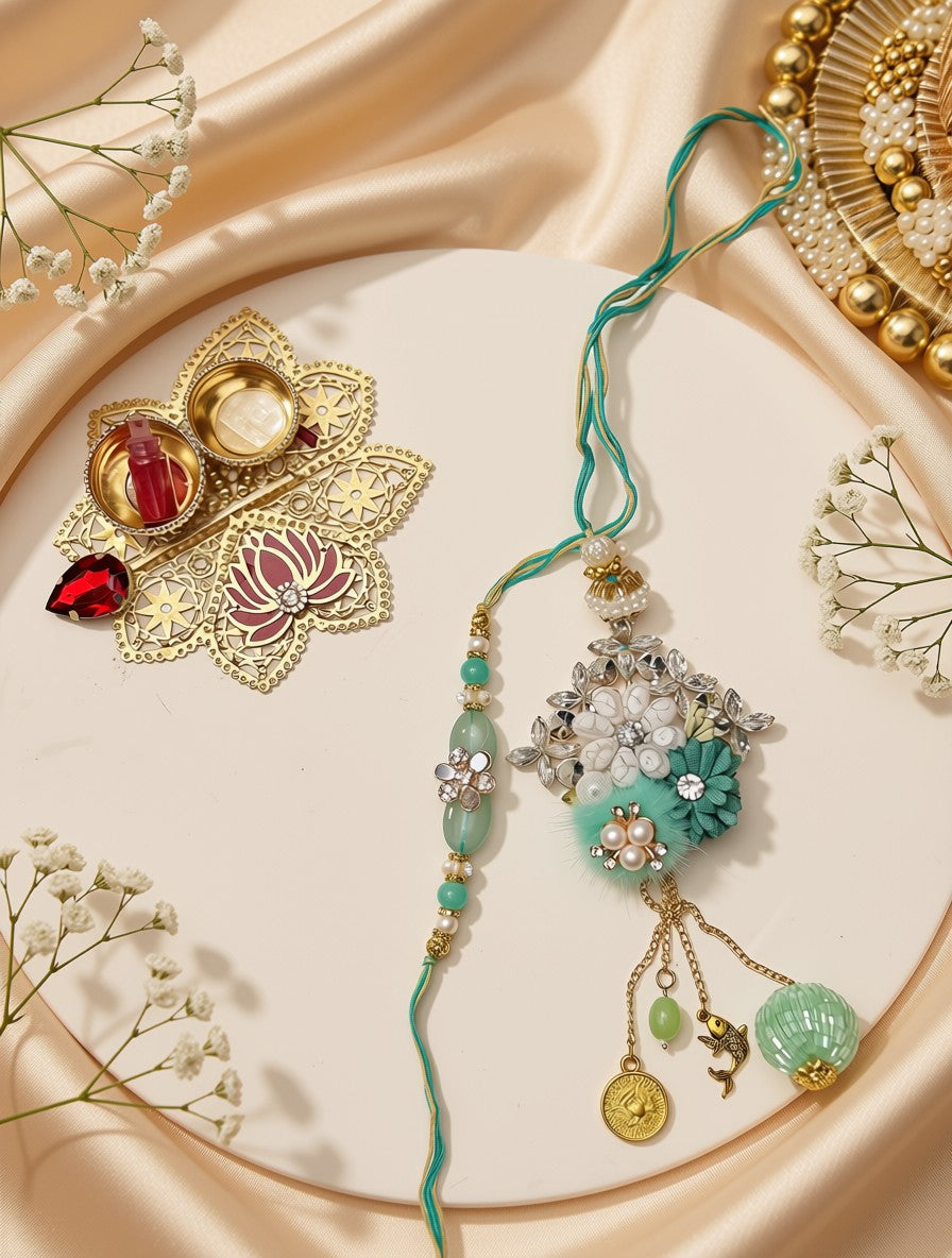 A decorative Lakshmi-style thread ornament with turquoise beads, white floral embellishments, rhinestones, and dangling gold-tone charms, arranged on a cream round plate with satin fabric and small white flowers around it.