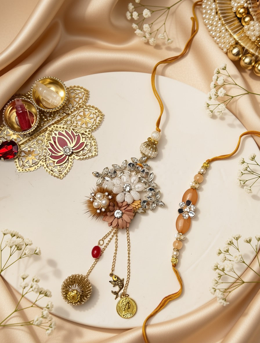 An ornate gold-toned traditional Indian jewelry set styled on a white plate with beige satin fabric and baby's breath flowers. The set includes a beaded necklace with peach and cream beads, a gold-toned pendant with floral and pearl embellishments, and a decorative brooch with red and gold details.