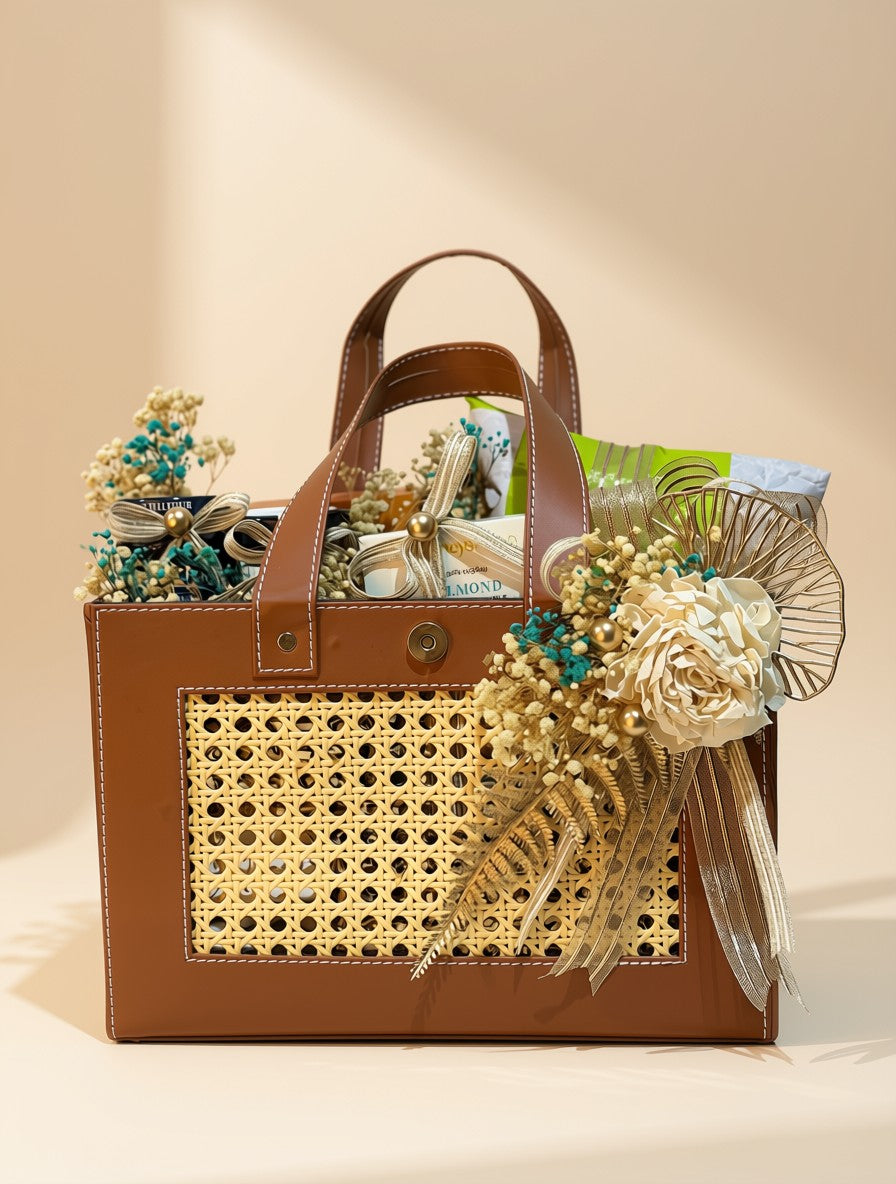 A structured rattan brown leather tote bag with a woven cane panel on the front, filled with dried flowers, greenery, and small accessories, photographed on a warm beige studio background.