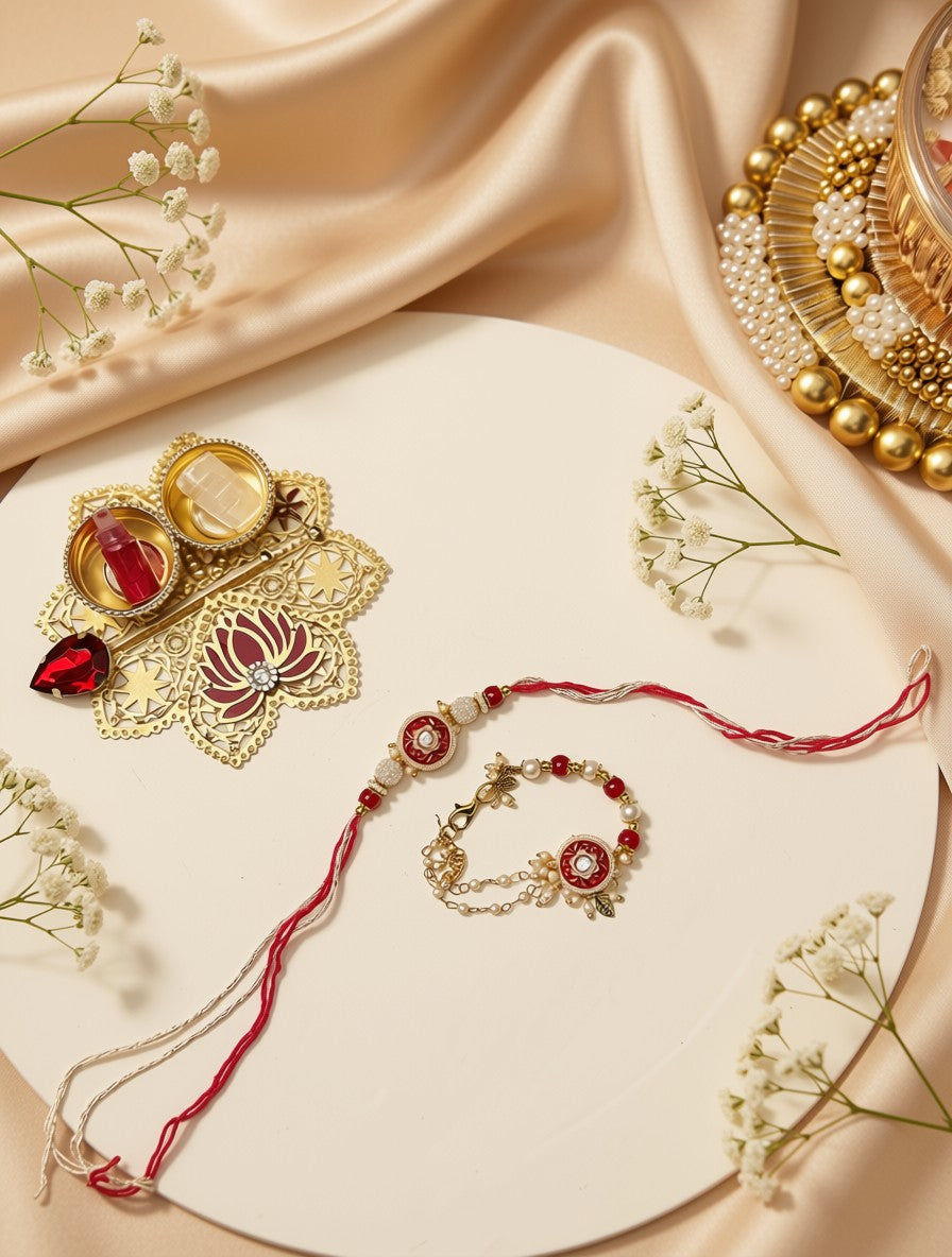 A styled flat-lay of traditional Indian jewelry and accessories on a cream-colored round plate, surrounded by beige satin fabric and small white baby's breath flowers. The set includes a red and gold Rakhi bracelet, a matching beaded bracelet, a gold decorative piece with red and yellow stones, and a gold beaded plate.