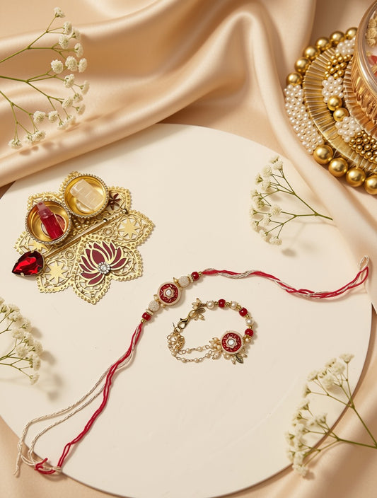 A styled flat-lay of traditional Indian jewelry and accessories on a cream-colored round plate, surrounded by beige satin fabric and small white baby's breath flowers. The set includes a red and gold Rakhi bracelet, a matching beaded bracelet, a gold decorative piece with red and yellow stones, and a gold beaded plate.