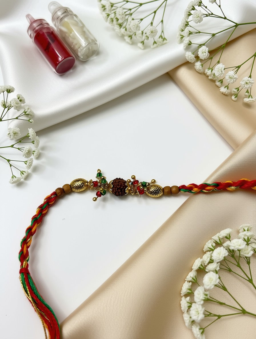 A traditional Indian Rakhi with braided red, orange, and green threads, gold-toned beads, and a central dark red and green ornament, displayed on a white and beige satin background with baby's breath flowers and small glass bottles.