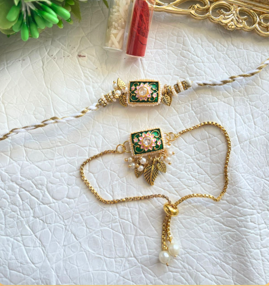 Product Code: BB017 - Emerald Green Meenakari Rakhi Set