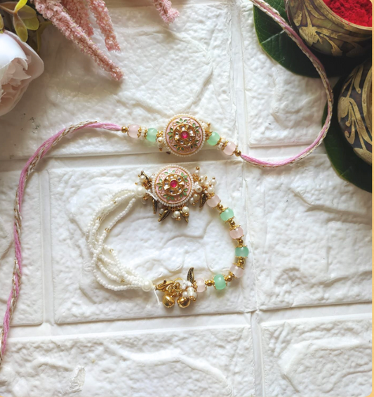 Product Code: BB018 - Baby Pink Meenakari Rakhi Set