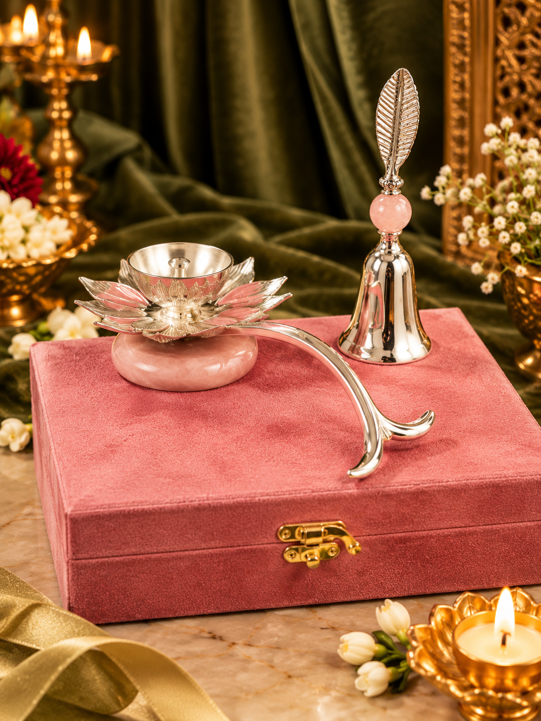 Padma Jyot German Silver Lotus Diya and Bell Gift Set for Diwali