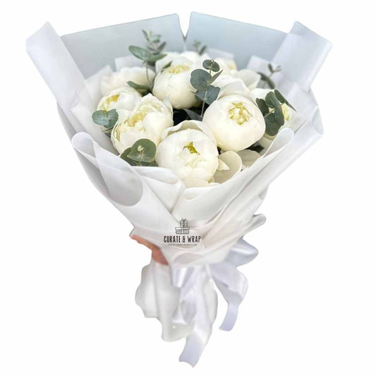 "Snow Peony bouquet with 10 white peonies – Luxury hand bouquet by Curate and Wrap Dubai"

