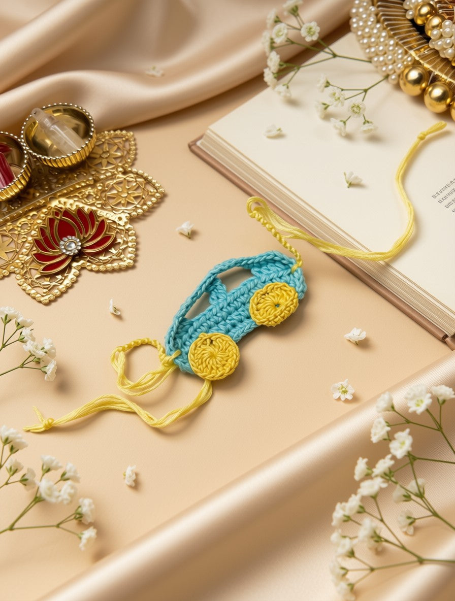 A crocheted car-shaped ornament in light blue and yellow, styled on a beige satin surface with an open book, white flowers, and decorative jewelry.