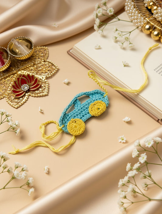 A crocheted car-shaped ornament in light blue and yellow, styled on a beige satin surface with an open book, white flowers, and decorative jewelry.