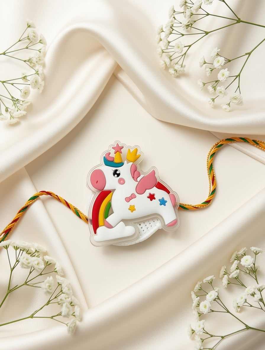 A colorful unicorn-shaped hair clip or hair accessory with a rainbow, pink accents, and a braided cord, styled on draped cream satin fabric with small white flowers.
