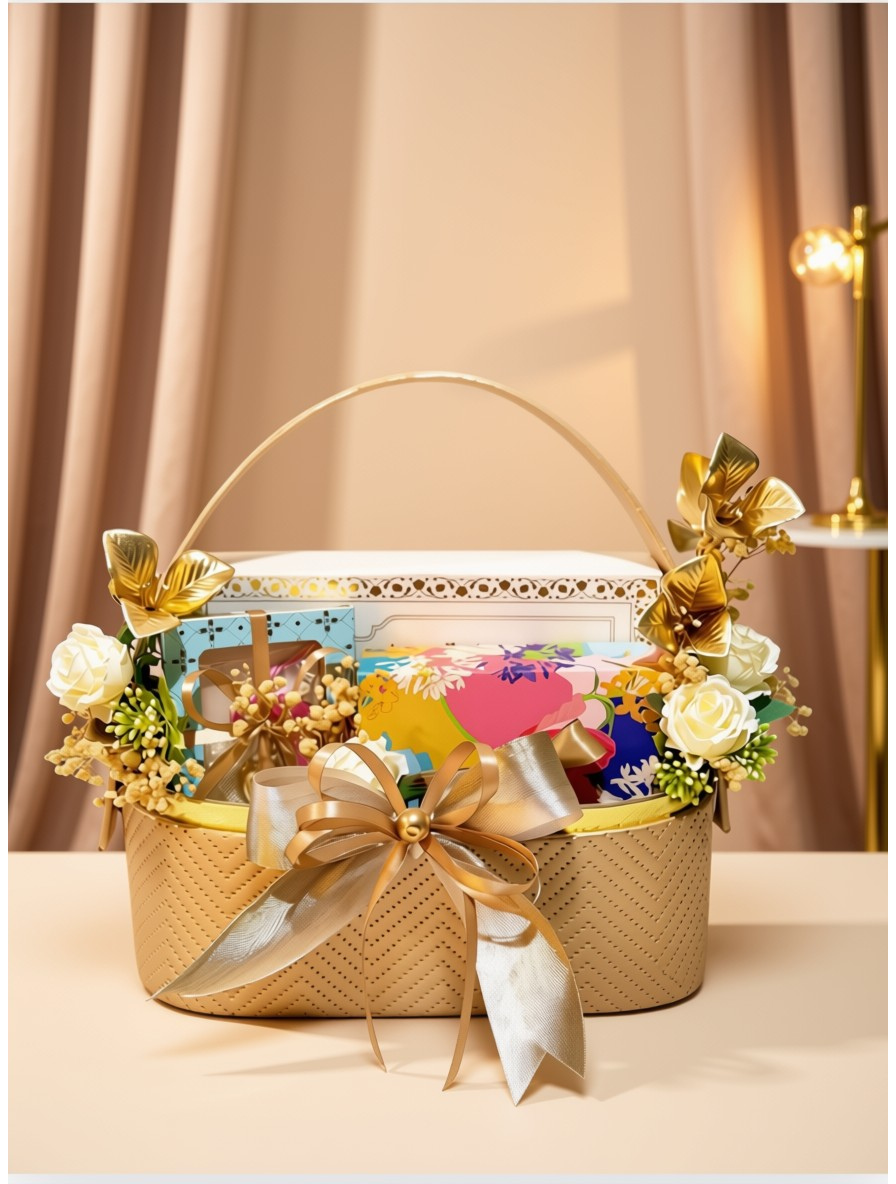 Aura Lux Raksha Bandhan basket with Rakhi, mithai and hand-poured soy wax Urli candles