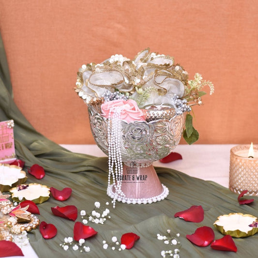 German silver Urli bowl with stand, soy wax glass diyas, and premium potlis with dry fruits or chocolates – Curate and Wrap Dubai