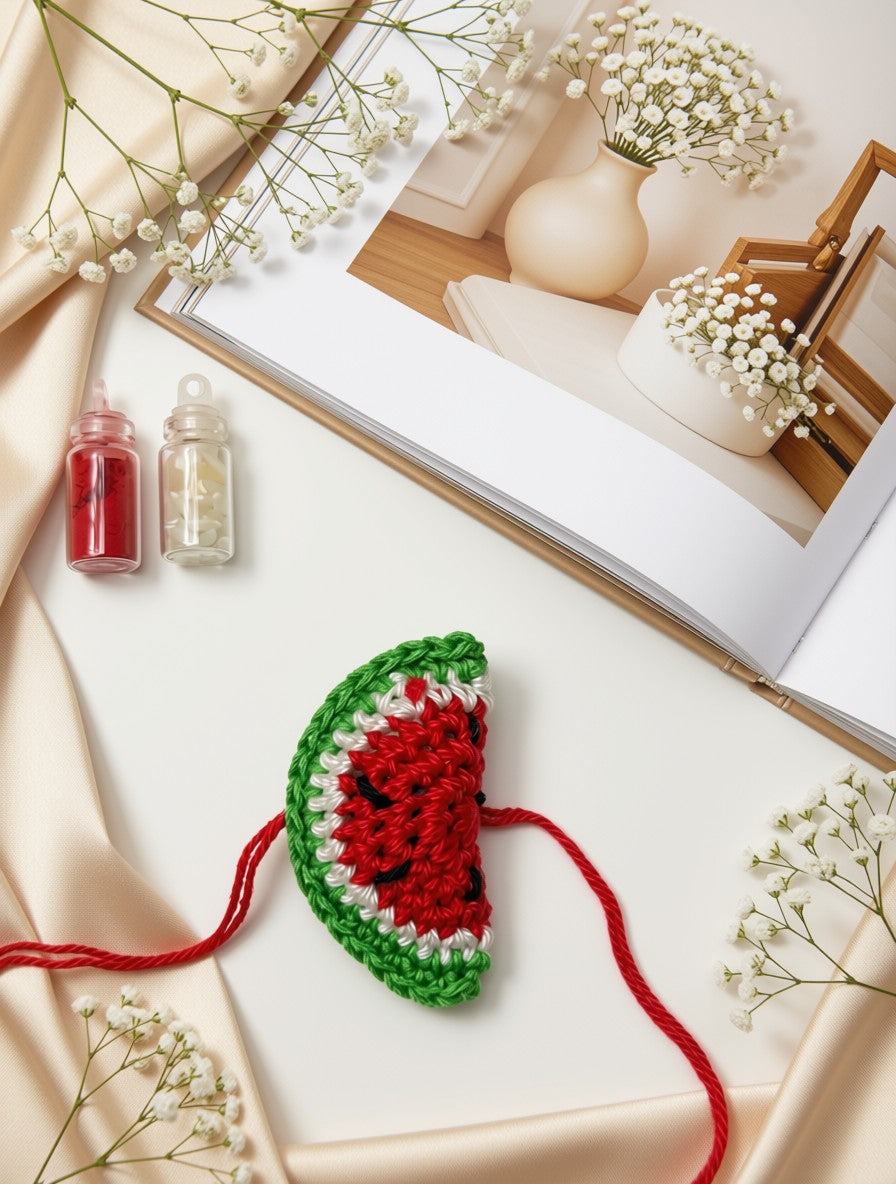A crocheted watermelon slice accessory with red yarn tails, styled in a flat-lay arrangement with satin fabric, baby's breath flowers, small bottles of red and white yarn, and an open book showing a similar crochet pattern photo.