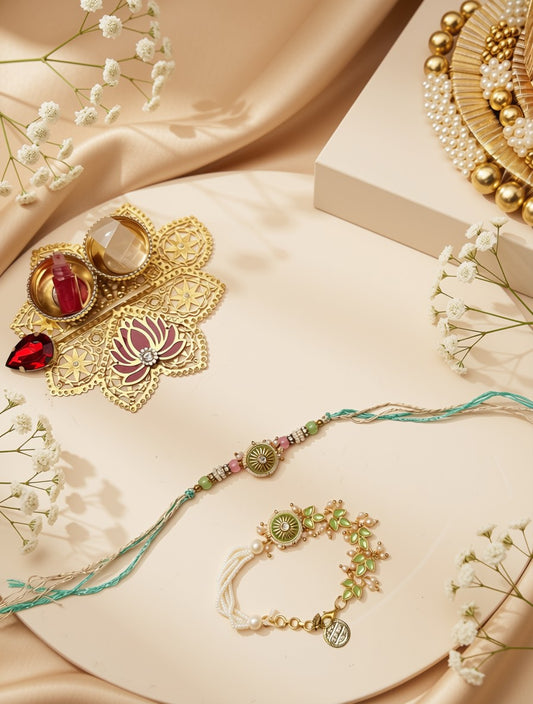 A styled flat-lay of traditional Indian jewelry and accessories on a beige satin background with white baby's breath flowers. The set includes a gold-toned rakhi with turquoise and pink beads, a matching beaded bracelet, a decorative gold lotus-shaped piece with red and clear stones, and a pearl-and-gold fan-shaped accessory.