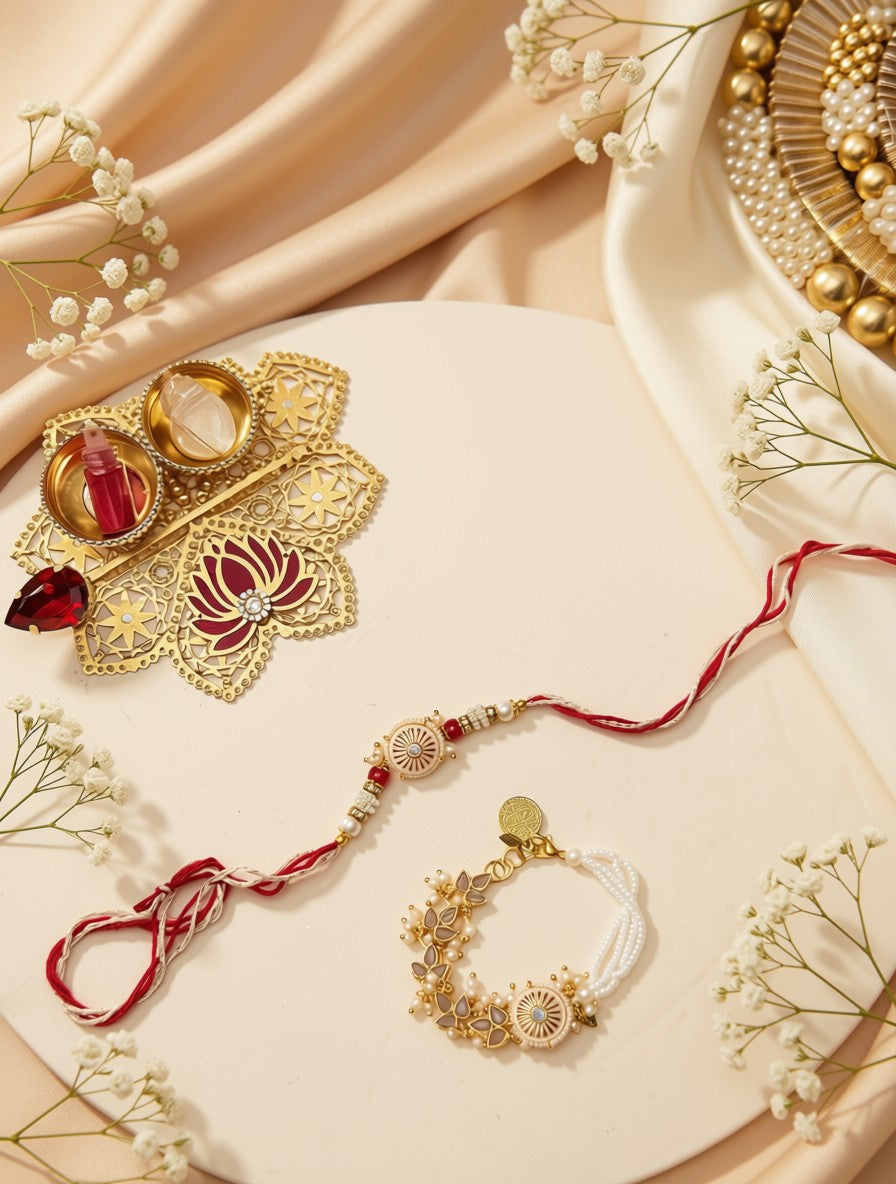 A styled flat-lay of traditional Indian jewelry and accessories on a cream-colored surface with draped satin fabric and baby's breath flowers. The set includes a red and white thread rakhi bracelet with gold-toned decorative beads, a gold-toned floral pendant, a gold-toned ring with a red stone, and a gold-toned ornate piece with red and gold details.