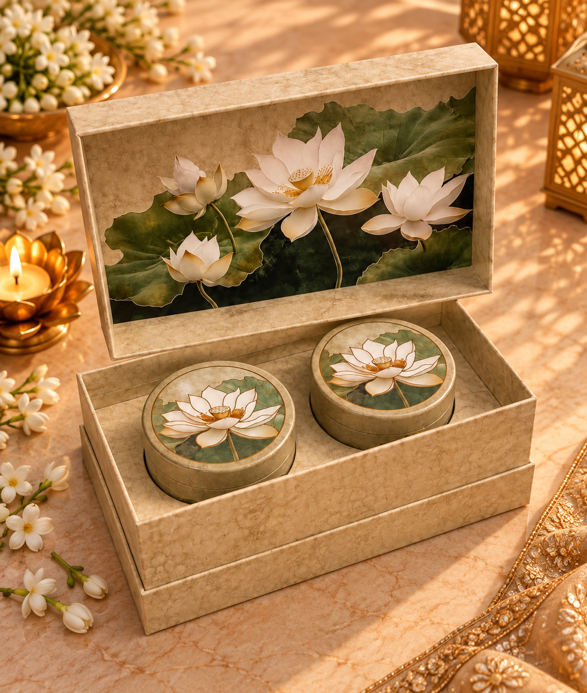 The Lotus Box gold foiled Diwali gift hamper with two premium gourmet nut jars
