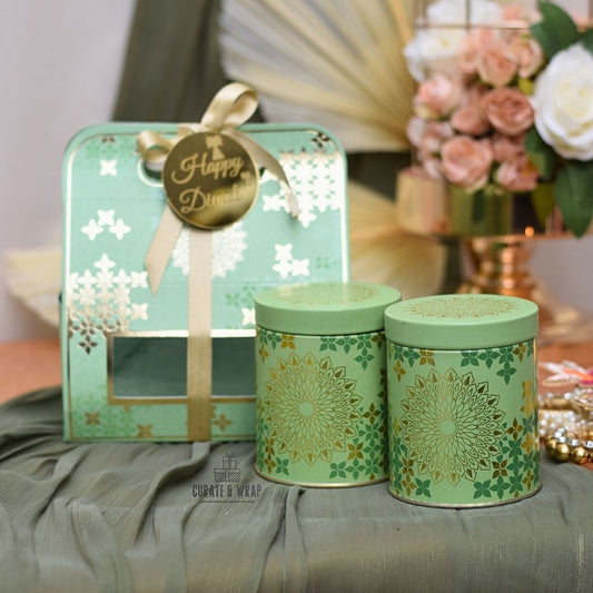 Green Mini Basket – Luxury Diwali Hamper with 2 Jars of Gourmet Nuts by Curate and Wrap Dubai