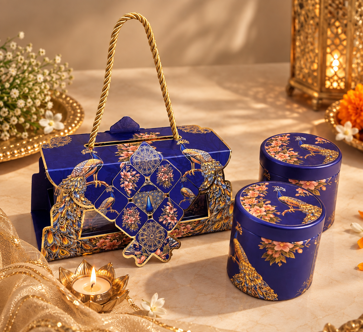 Mini Peacock Diwali hamper in royal blue gift box with gold rope handle and two matching peacock print tin jars filled with nuts